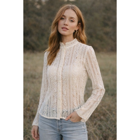 Liz Claiborne Tops - Liz‎ Claiborne Ivory Lace Blouse Sheer Romantic Victorian Style Boho Fairy Top M